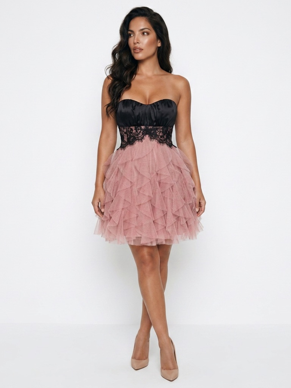 TeezeMe Strapless Black Bodice with Dusty Rose Ruffled Tulle Cocktail Dress